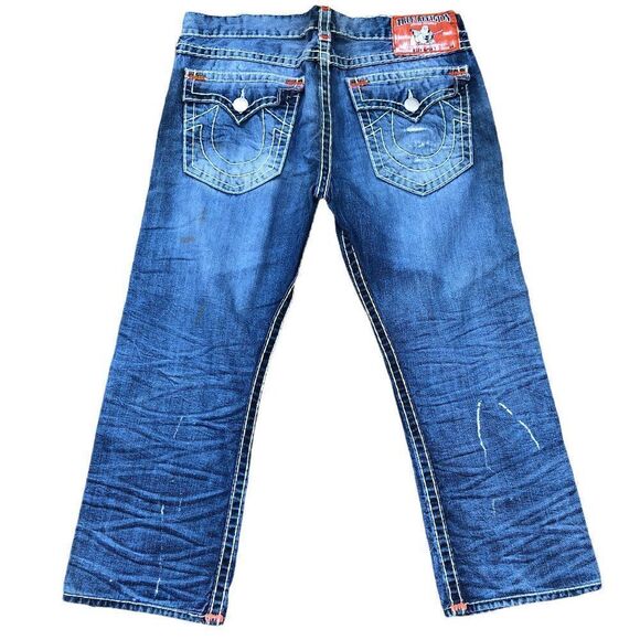 True Religion Jeans Size 38 RICKY SUPER T Blue Trashed Painter Denim - Picture 4 of 9